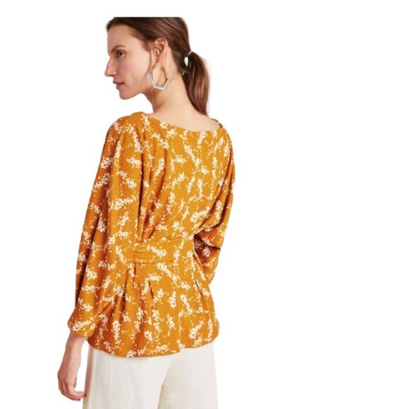 EUC Anthropologie Mustard Floral Tie Waist Amber Dolman-Sleeved Blouse - Picture 8 of 13